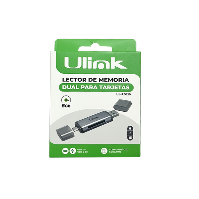 Lector de memoria dual USB C y USB 3.0 para tarjetas SD/Micro SD, aluminio /mod. UL-RD210