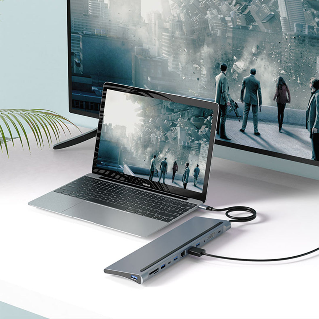 Adaptador multipuerto USB C 12 en 1 , HDMI*1, VGA*1, USB3.0*1, USB2.0*3, PD*1 ,USBC*1, SD*1, TF*1, LAN10/100*1 , audio 3,5mm*1, aluminio / UL-ADC121
