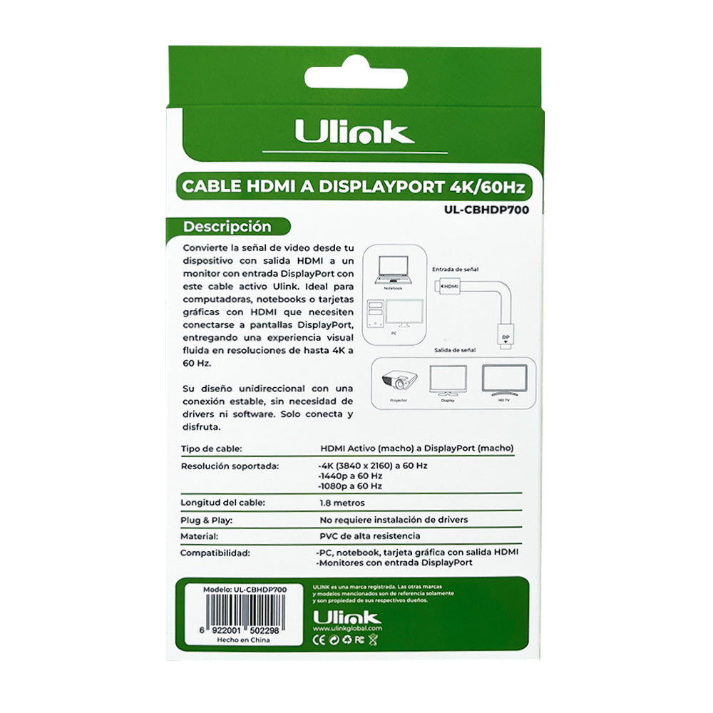 Cable HDMI a Display port 4K de 1,8mts / UL-CBHDP700
