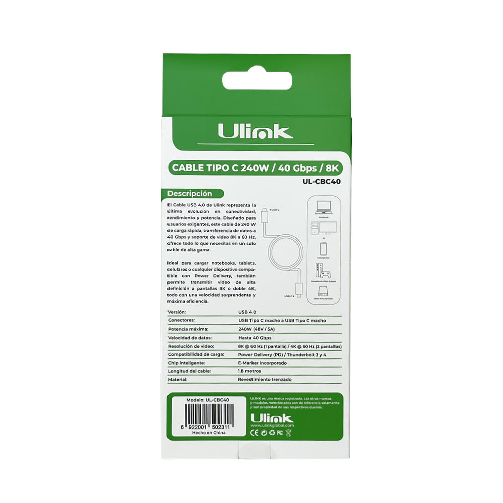 Cable USB 4.0 , 240W , 40 Gbps, 8K , cable trenzado de 1,8mts / UL-CBC40
