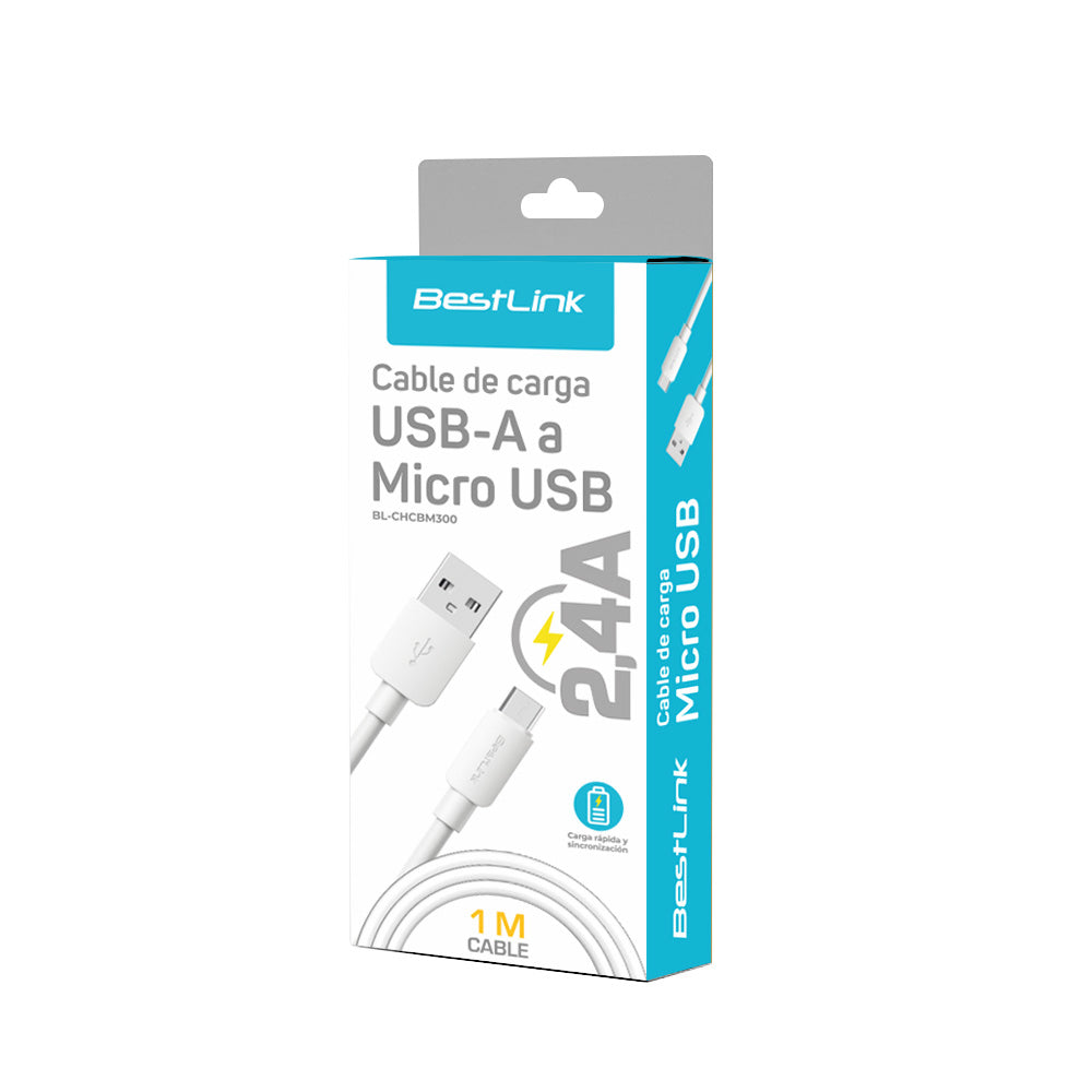Cable cargador y sincronizador USB micro 2,4 A color blanco PVC 1 mt/ BL-CHCBM300