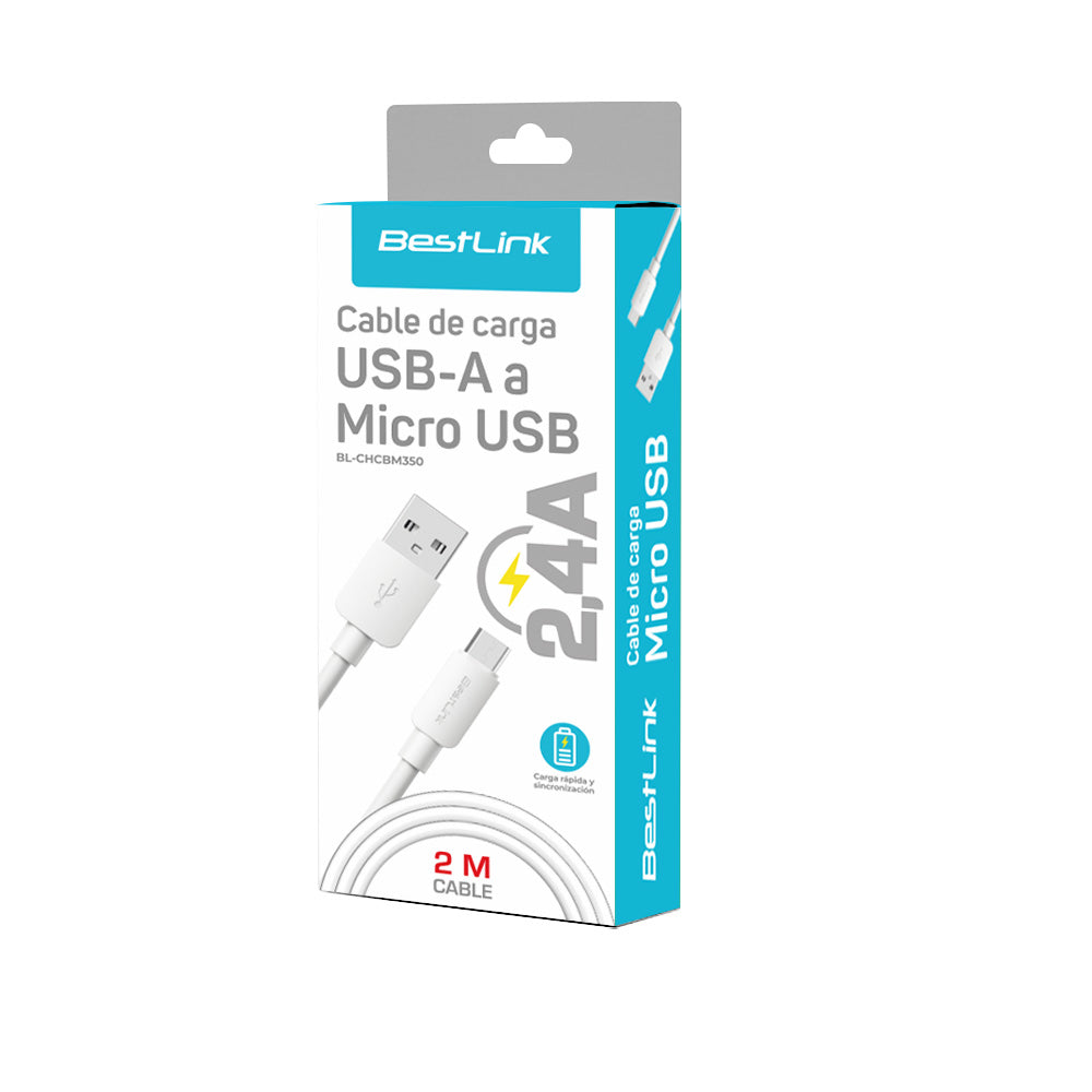 Cable cargador y sincronizador USB micro 2,4 A color blanco PVC 2 mt/ BL-CHCBM350