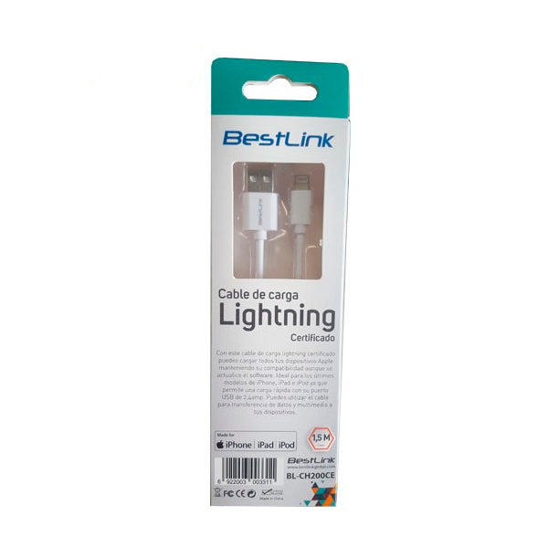 Cable Lightning certificado MFI para iPhone, iPad, iPod color blanco de 1,5 metros / mod. BL-CH200CE