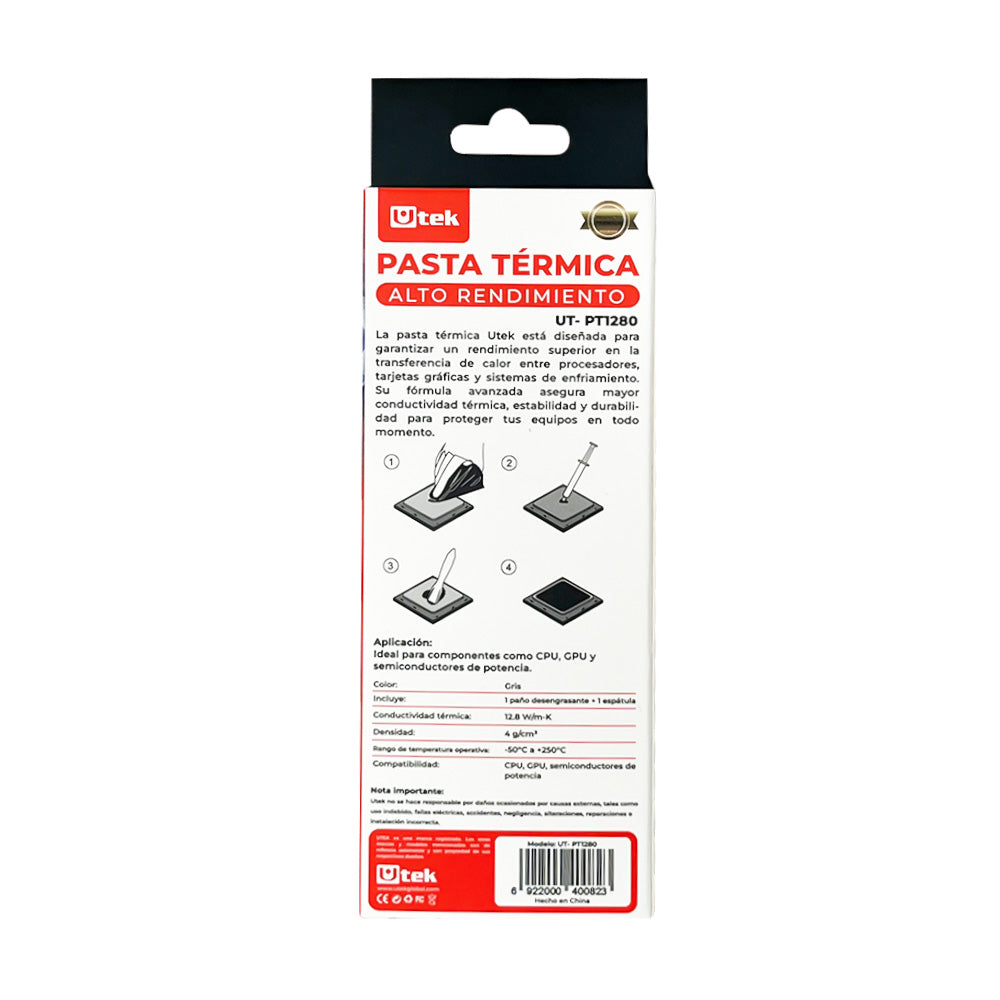Pasta térmica conductividad 12.8W/m.k , 4 gramos, incluye espatula y limpiador / UT- PT1280
