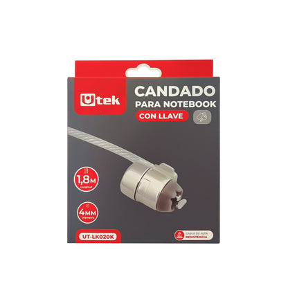 Candado para notebook slot universal con llave, 1,8mts de largo y 4mm espesor / UT-LK020K