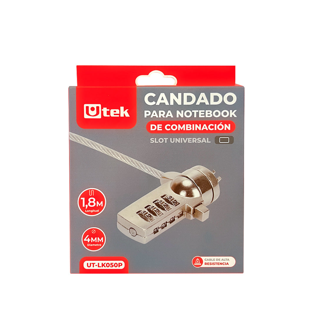 Candado para notebook slot universal con clave, 1,8mts de largo y 4mm espesor / UT-LK050P