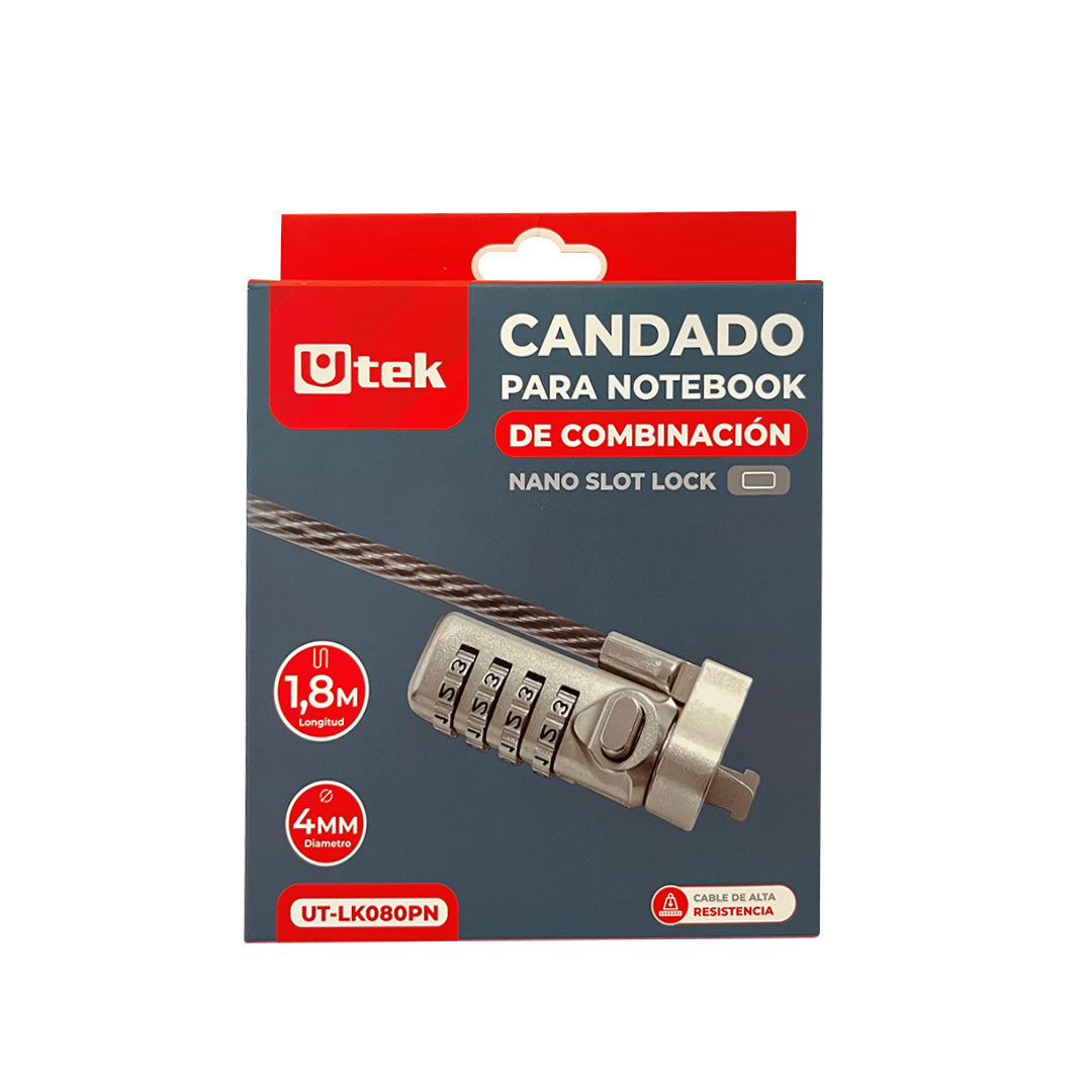 Candado para notebook slot NANO con clave, 1,8mts de largo y 4mm espesor / UT-LK080PN