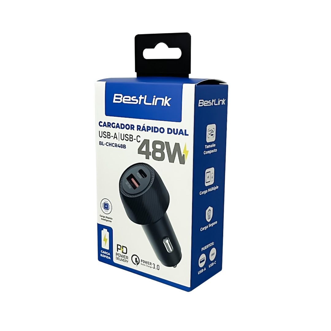 Cargador de auto QC+PD 48W USB color negro / BL-CHCR48B