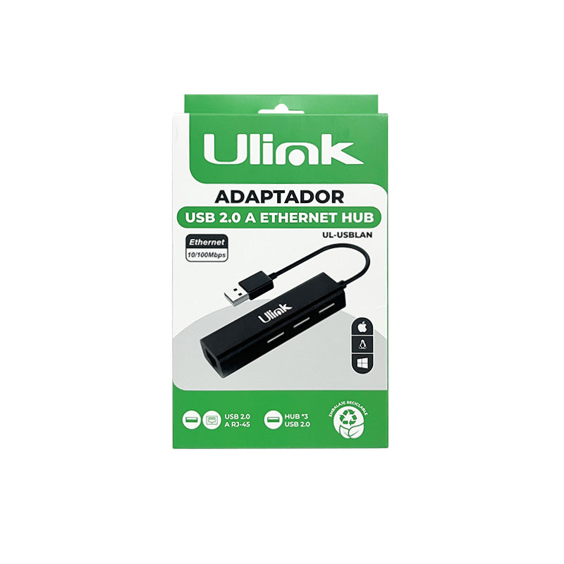 Adaptador USB 2.0 a ethernet con 3 HUBs USB 2.0 / mod. UT-USLAN