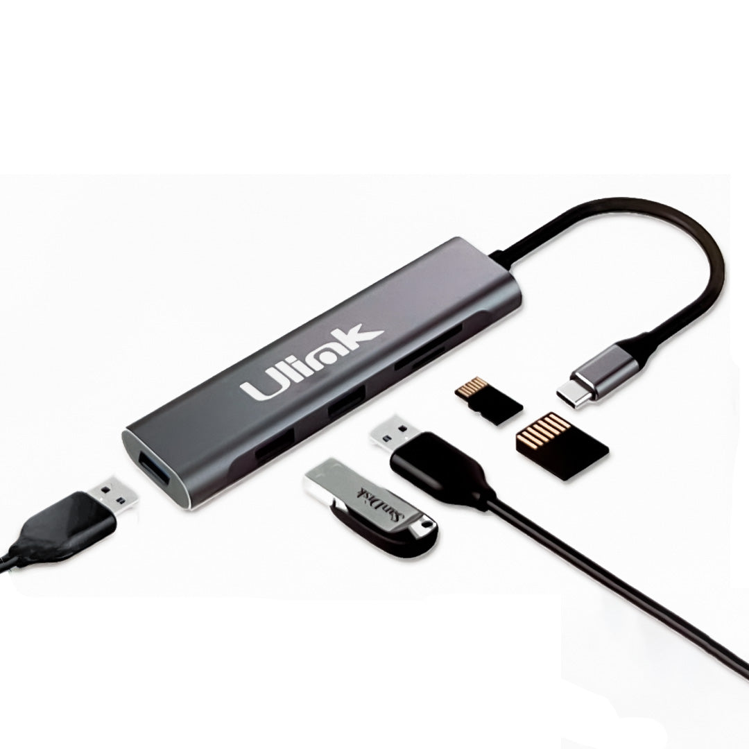 Adaptador multipuerto USB C 5 en 1 , USB3.0*3, SD*1 , MicroSD*1 , aluminio / UL-ADC530RD