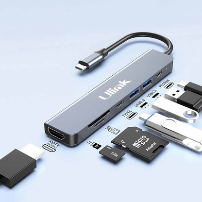 Adaptador multipuerto USB C 7 en 1 , USB3.0*1, HDMI*1, SD*1 , MicroSD*1 ,USB 2.0*1, USB C*1, PD 100W *1, aluminio / UL-ADC785HRD
