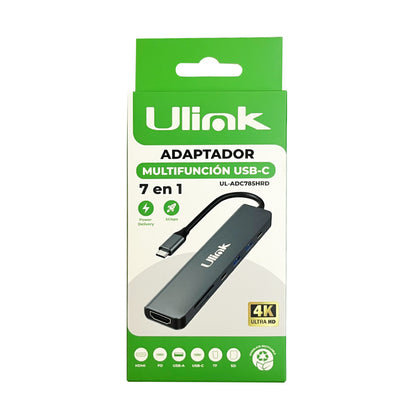 Adaptador multipuerto USB C 7 en 1 , USB3.0*1, HDMI*1, SD*1 , MicroSD*1 ,USB 2.0*1, USB C*1, PD 100W *1, aluminio / UL-ADC785HRD