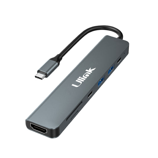 Adaptador multipuerto USB C 7 en 1 , USB3.0*1, HDMI*1, SD*1 , MicroSD*1 ,USB 2.0*1, USB C*1, PD 100W *1, aluminio / UL-ADC785HRD