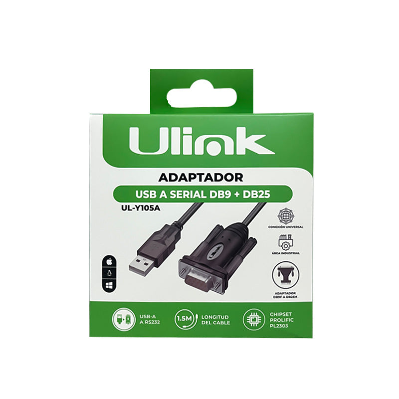 Adaptador USB a serial DB9 + DB25 (Chipset Prolific) / mod. UL-Y105A