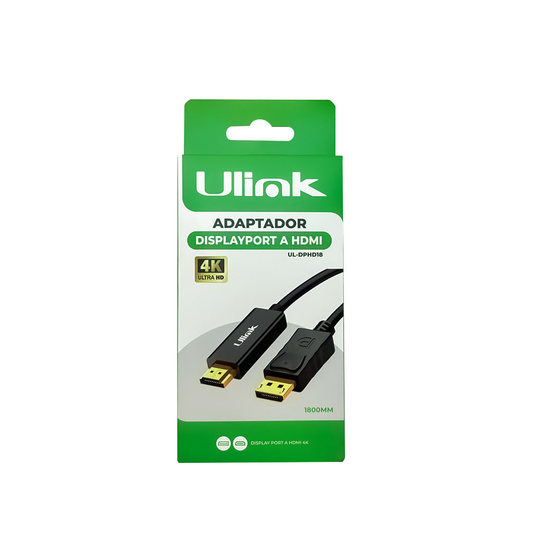Cable de video Display Port Macho a HDMI 4K macho color negro con cable 1,8mts/ mod. UL-DPHD18