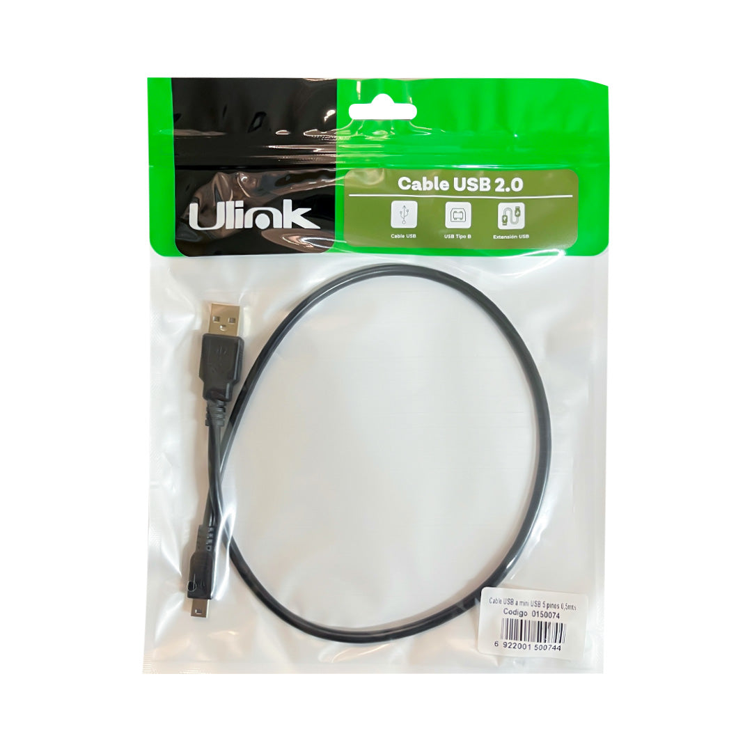 Cable USB 2.0 a mini USB 5 pines 0,5 mts