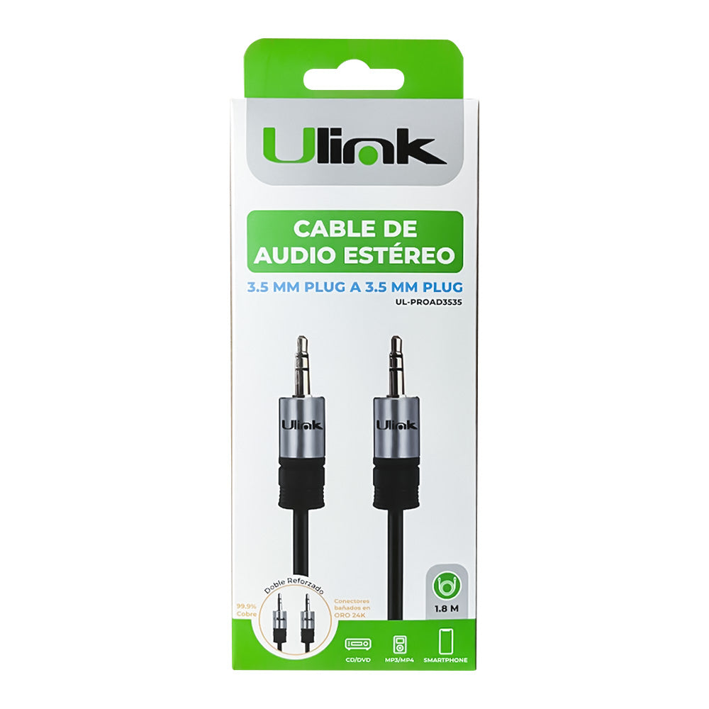 Cable de audio 3,5mm a 3,5mm M-M de 1,8 mts de alta fidelidad, conectores dorados y presentación retail / mod. UL-PROAD3535