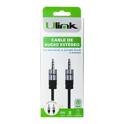 Cable de audio 3,5mm a 3,5mm M-M de 1,8 mts de alta fidelidad, conectores dorados y presentación retail / mod. UL-PROAD3535