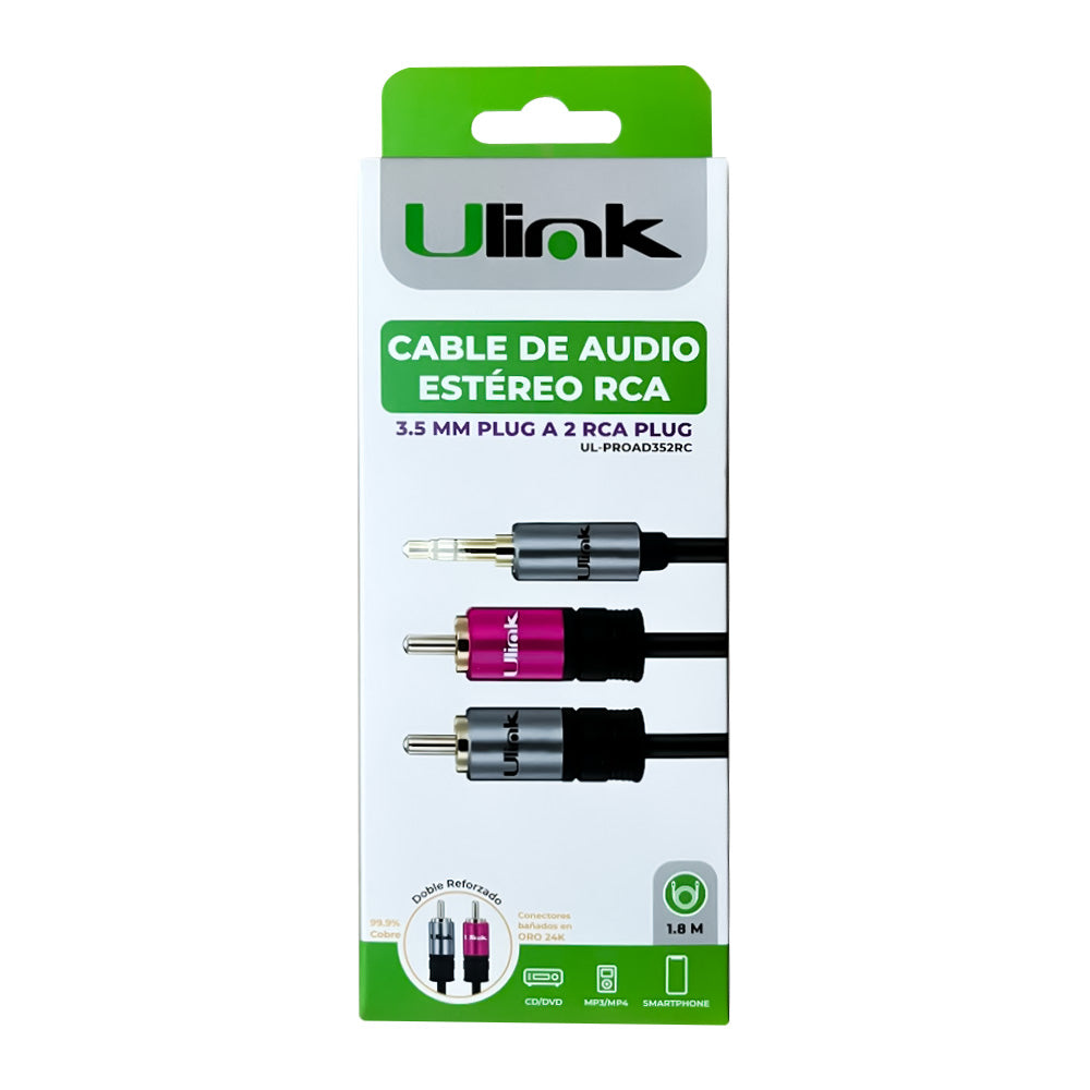 Cable de audio 3,5mm a 2 RCA de 1,8 mts de alta fidelidad, conectores dorados y presentación retail / mod. UL-PROAD352RC