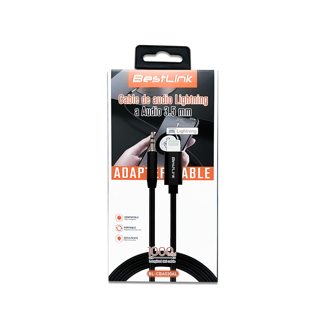 Cable de audio lightning a 3,5mm, reforzado, puntas doradas, 1 metro / BL-CBA030AL