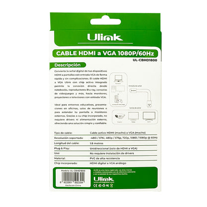 Cable HDMI a VGA de 1,8mts con chipset incorporado / UL-CBHD1800