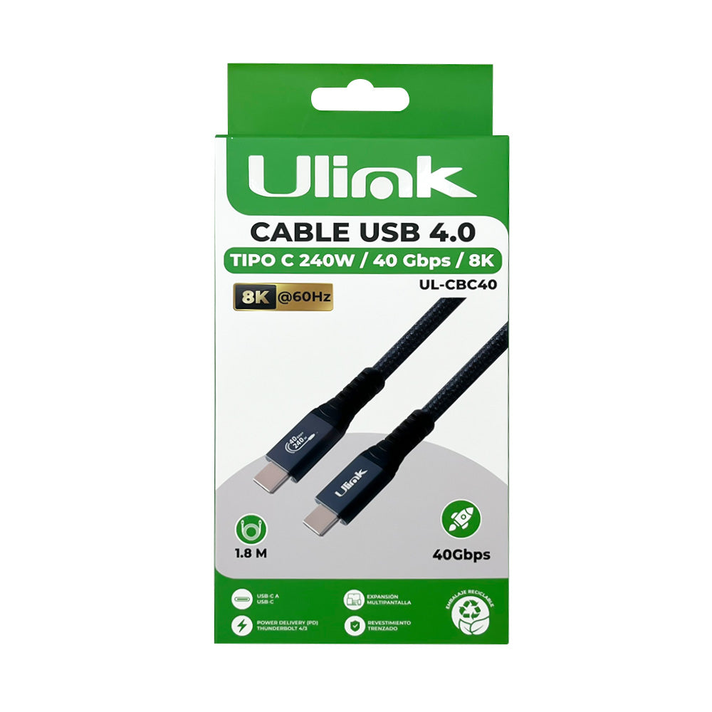 Cable USB 4.0 , 240W , 40 Gbps, 8K , cable trenzado de 1,8mts / UL-CBC40