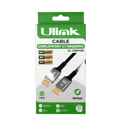 Cable Display port macho - macho version 2,1 , 16K, 60Hz, 1,8mts , color negro / mod. UL-CBDP16K