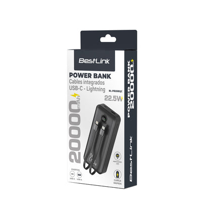 Power bank 20.000mah carga rápida 22,5W, display y 2 cables integrados color negro / BL-PB20BQC