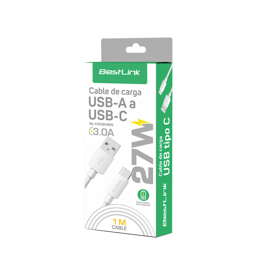 Cable cargador y sincronizador USB A - C 3A color blanco PVC 1mt / BL-CHCBC800