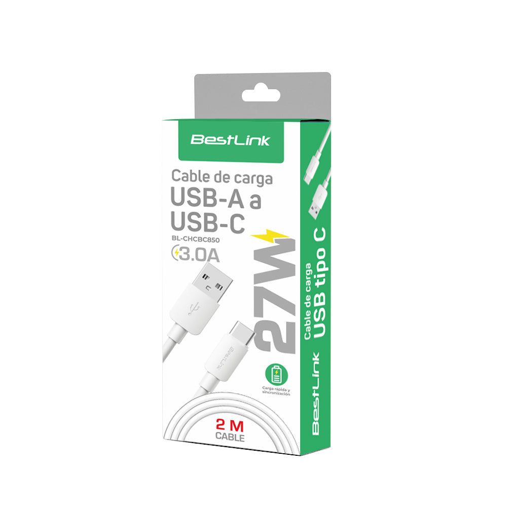 Cable cargador y sincronizador USB A - C 3A color blanco PVC 2mt / mod. BL-CHCBC850