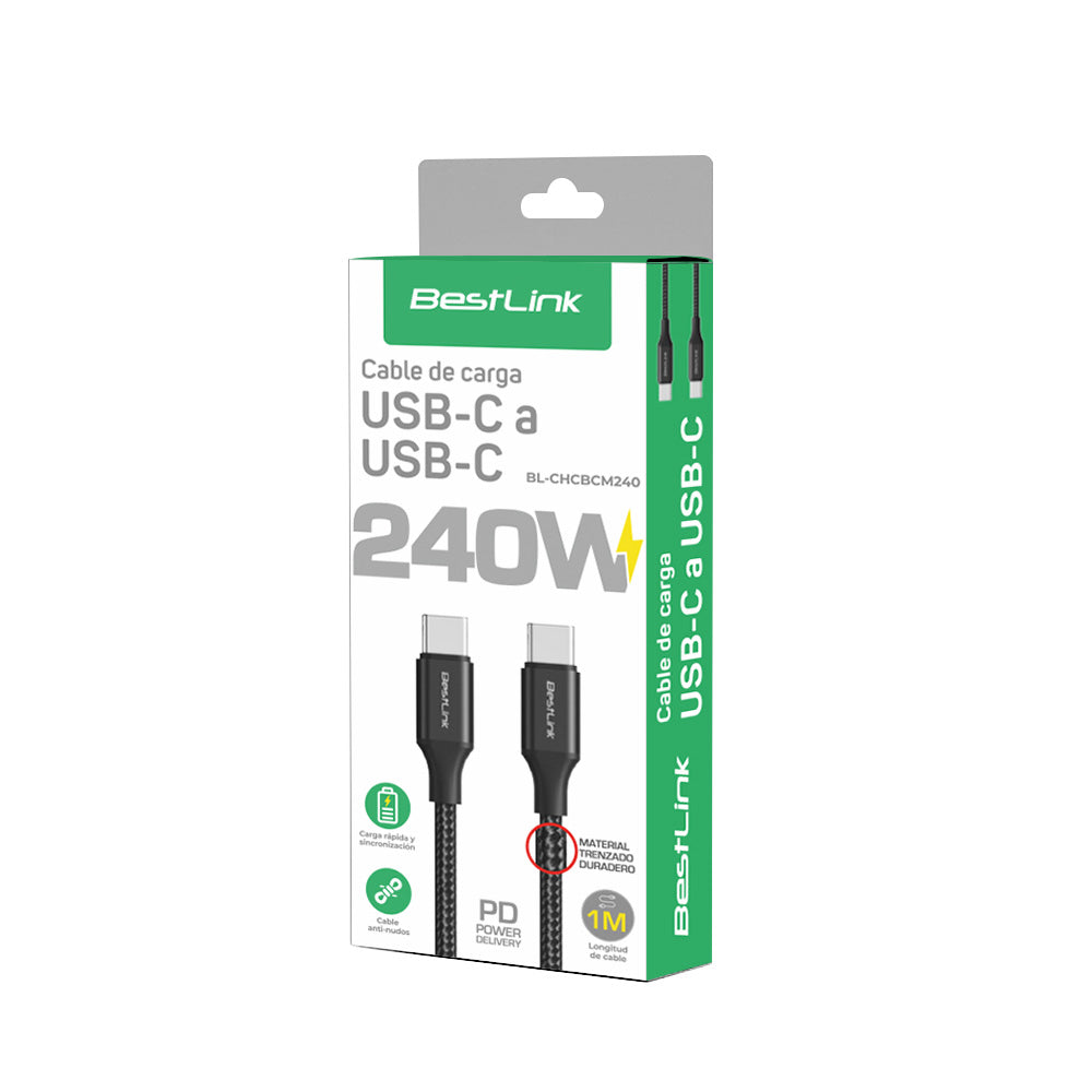 Cable cargador y sincronizador USB C - C 240W metalico trenzado color negro 1mt / BL-CHCBCM240