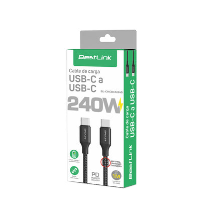 Cable cargador y sincronizador USB C - C 240W metalico trenzado color negro 1mt / BL-CHCBCM240