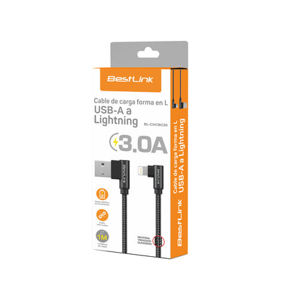Cable cargador y sincronizador USB A - L 3A metalico trenzado en L color negro 1mt / BL-CHCBG30