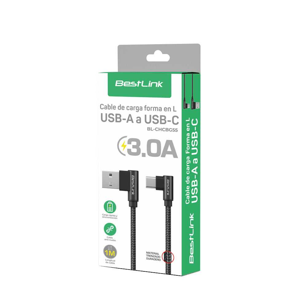 Cable cargador y sincronizador USB A - C 3A metalico trenzado en L color negro 1mt / BL-CHCBG55