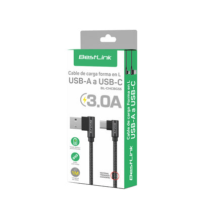 Cable cargador y sincronizador USB A - C 3A metalico trenzado en L color negro 1mt / BL-CHCBG55