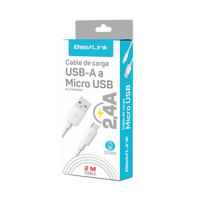Cable cargador y sincronizador USB micro 2,4 A color blanco PVC 2 mt/ BL-CHCBM350