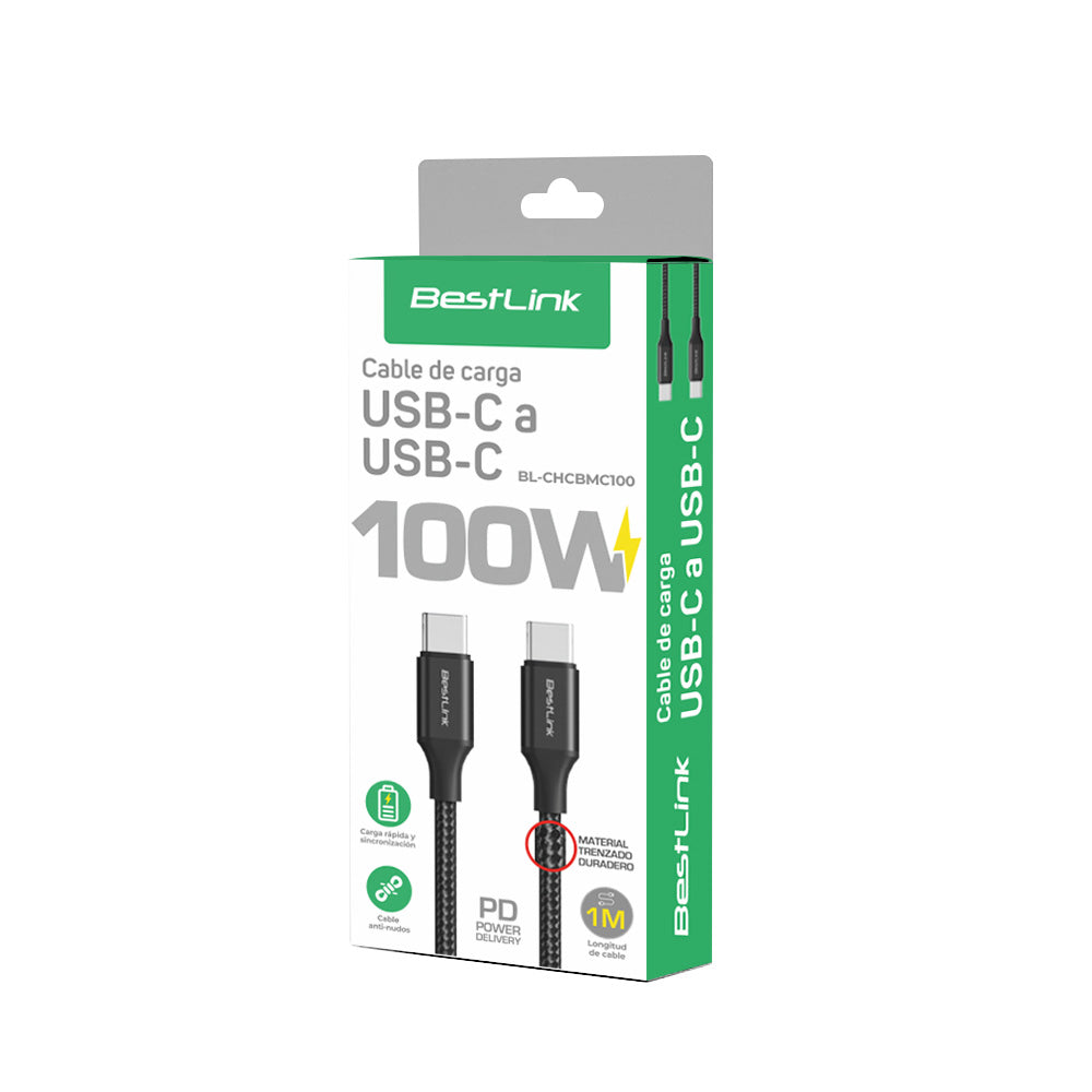 Cable cargador y sincronizador USB C - C 100W metalico trenzado color negro 1mt / BL-CHCBMC100