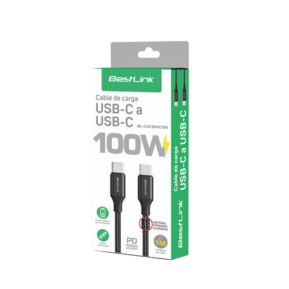 Cable cargador y sincronizador USB C - C 100W metalico trenzado color negro 1mt / BL-CHCBMC100