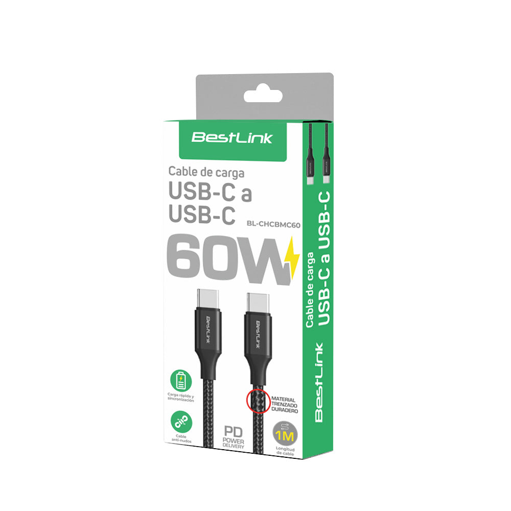 Cable cargador y sincronizador USB C - C 60W metalico trenzado color negro 1mt / BL-CHCBMC60