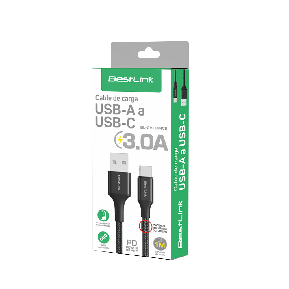 Cable cargador y sincronizador USB A - C 3A metalico trenzado color negro 1mt / BL-CHCBMC8