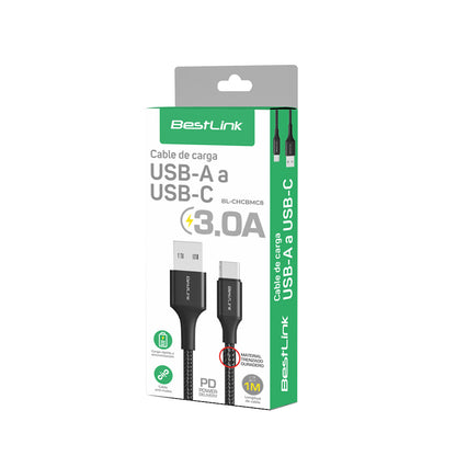 Cable cargador y sincronizador USB A - C 3A metalico trenzado color negro 1mt / BL-CHCBMC8