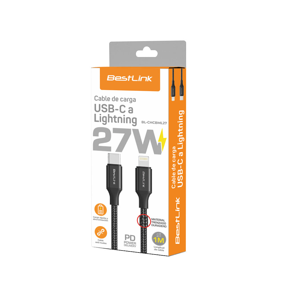 Cable cargador y sincronizador USB C - L 27W metalico trenzado color negro 1mt / BL-CHCBML27