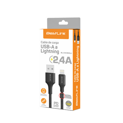 Cable cargador y sincronizador USB A - L 2,4A metalico trenzado color negro 1mt / BL-CHCBML4