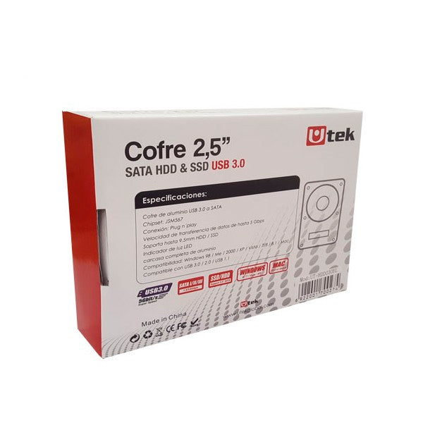Cofre porta disco duro SATA 2,5 conexión USB 3.0 color plata / mod. UT-HDD030SV