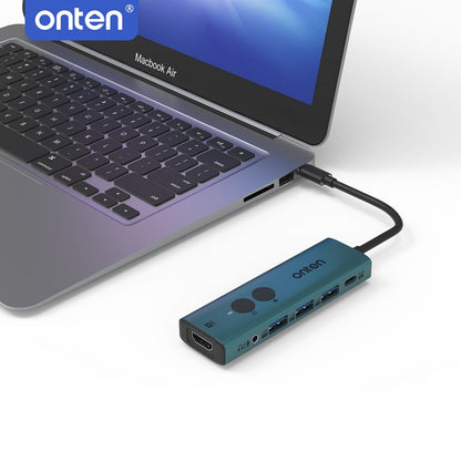 Adaptador multipuerto USB C 6 en 1 con botón para monitor, HDMI, Audio, 3xUSB3.0, 1 PD 85W / OT-UC123+