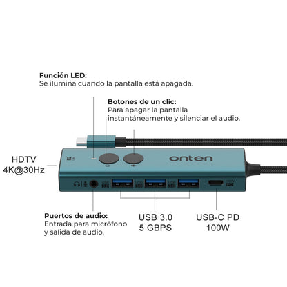 Adaptador multipuerto USB C 6 en 1 con botón para monitor, HDMI, Audio, 3xUSB3.0, 1 PD 85W / OT-UC123+