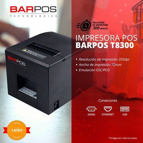 Impresora térmica BARPOS T8300 80mm, 300mm/s, USB + Serial + LAN