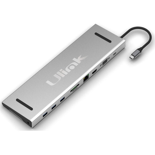 Adaptador multipuerto USB C 10 en 1 , HDMI*1, VGA*1, USB3.0*3, PD*1 ,SD*1, TF*1, LAN10/100/1000*1 , audio 3,5mm*1, aluminio / UL-ADC101