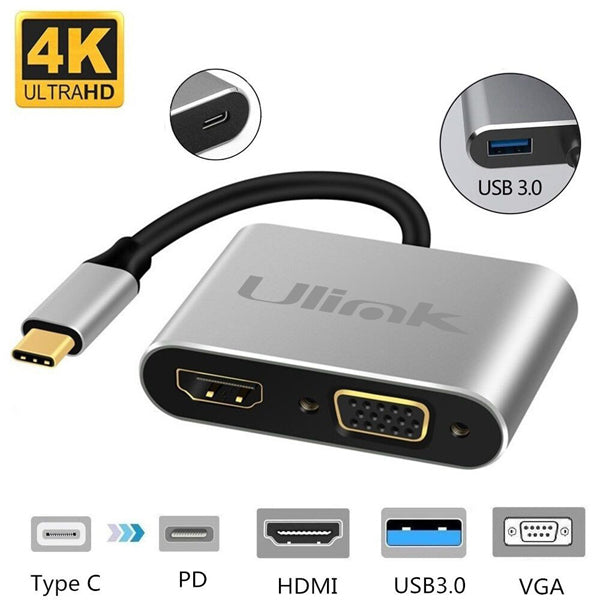 Adaptador multipuerto USB C 4 en 1 , HDMI*1, VGA*1, USB3.0*1, PD*1 , aluminio / UL-ADC404V