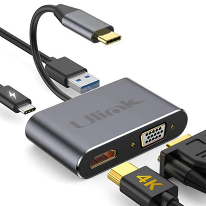 Adaptador multipuerto USB C 4 en 1 , HDMI*1, VGA*1, USB3.0*1, PD*1 , aluminio / UL-ADC404V